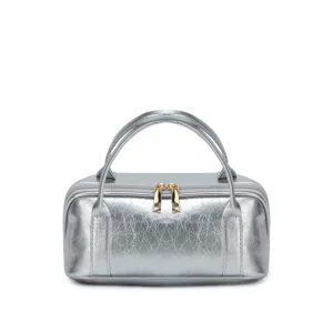 Silver leather cosmetic bag portable makeup storage handbag wash pouch main view