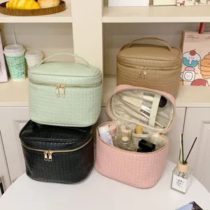 Large capacity PU woven cosmetic bag multi-color makeup organizer travel storage pouch for women