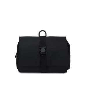 Borsa da toeletta da viaggio pieghevole nera con fibbia e gancio di sospensione.