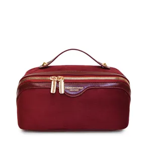 Burgundy velvet makeup bag large capacity travel cosmetic pouch with handle and zippers