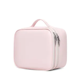Gran bolsa de maquillaje rosa, neceser de viaje portátil organizador con cremalleras dobles.