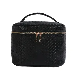 Black PU woven makeup bag large capacity cosmetic organizer with zipper and handle main view