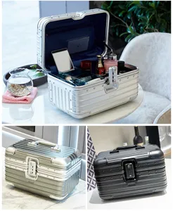 Aluminum alloy makeup train case with combination lock, portable cosmetic storage box for travel.