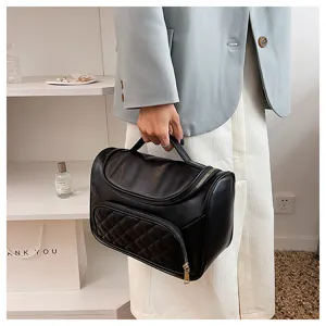 Black leather cosmetic bag with quilted pocket, large capacity portable travel toiletry bag.