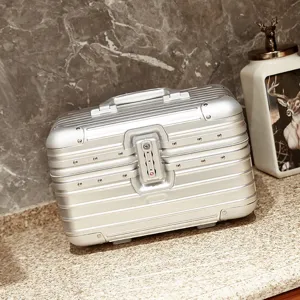 Aluminum alloy cosmetic case silver makeup train storage trunk box with TSA lock for travel.