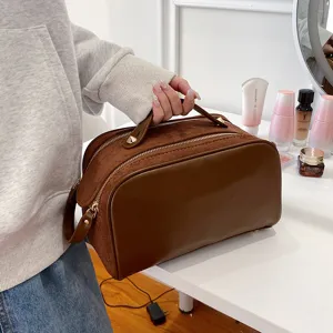 Large capacity double layer cosmetic bag stylish portable travel makeup storage pouch brown