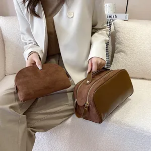 Brown cosmetic bag set large capacity double zipper makeup organizer travel toiletry bag