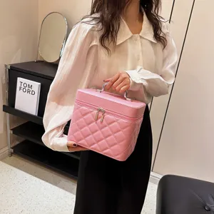 Pink quilted cosmetic bag vanity case with handle stylish portable makeup storage box