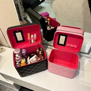 Portable quilted cosmetic bag with mirror, stylish leather makeup travel storage case box