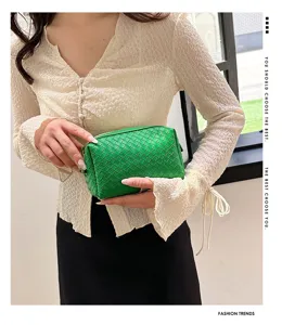 Green woven cosmetic bag soft leather clutch portable makeup pouch stylish small purse daily use
