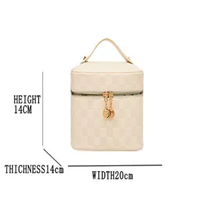 Detailed view of the white checkered PU leather portable makeup bag with dimension specs.