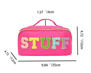 Pink nylon makeup bag with colorful chenille letter patches, large capacity travel pouch for toiletries.