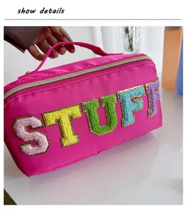 Pink nylon cosmetic bag with colorful flocked letters, large capacity toiletry organizer.