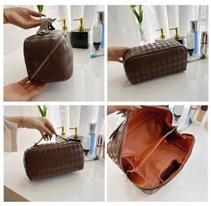 Brown PU Leather Checkerboard Cosmetic Bag Large Capacity Portable Makeup Organizer Pouch