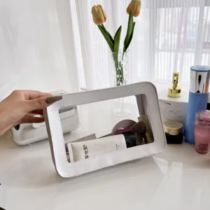 Minimalist Waterproof PU Leather Transparent PVC Cosmetic Bag Travel Storage Pouch Portable Daily Makeup Organizer