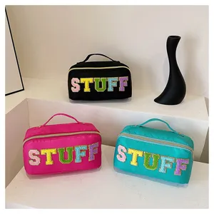 Nylon cosmetic bag with fuzzy letters, large capacity travel makeup pouch for women daily use.
