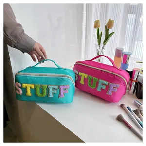Nylon cosmetic bag with fluffy STUFF letters, large capacity portable makeup toiletry organizer.
