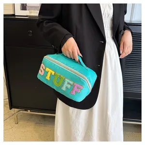 Nylon cosmetic bag with colorful velvet letter STUFF, portable travel makeup organizer.