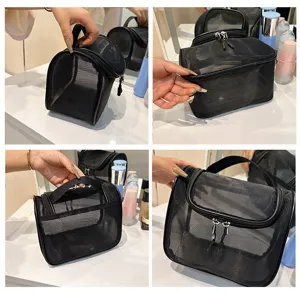 Schwarze Netztasche Kosmetiktasche, große Kapazität tragbarer Kulturbeutel mit Griff für Reisen.