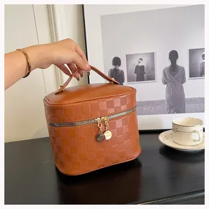 Brown checkerboard vanity case portable makeup bag stylish PU leather cosmetic storage organizer