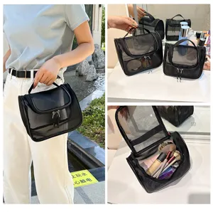 Schwarze Kosmetiktasche aus Mesh, großes Fassungsvermögen, minimalistische Reisetasche.