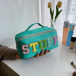 Nylon Cosmetic Bag Large Capacity Travel Toiletry Organizer With Flocked Letters Fashion Makeup Pouch For Women Daily Use