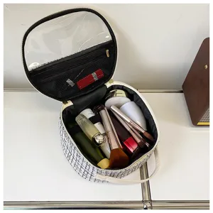 Round Tweed Cosmetic Bag Large Capacity Clear Top Makeup Organizer Portable Travel Toiletry Bag
