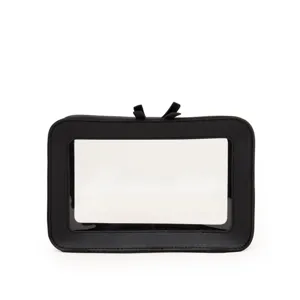 Black PU leather and clear PVC cosmetic bag, stylish travel storage pouch for daily use.