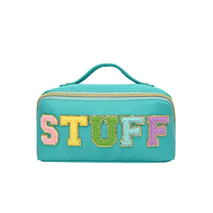 INS style nylon cosmetic bag with fluffy letter patches, large capacity toiletry organizer main view