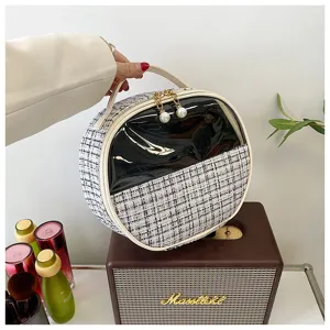 Round tweed cosmetic bag with transparent window, portable makeup organizer for travel and daily.