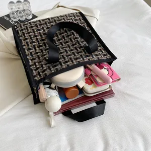 Vintage tweed makeup bag with top handle, large capacity cosmetic storage for travel.
