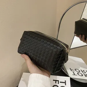 PU Leather Woven Pattern Makeup Bag Portable Cosmetic Pouch Travel Toiletry Organizer Handbag For Women