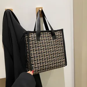 Vintage woven tweed tote bag large capacity casual handbag stylish daily commuter bag