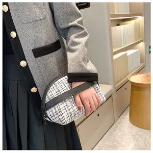 Mini tweed cosmetic bag semi-circular makeup pouch portable travel storage organizer for women