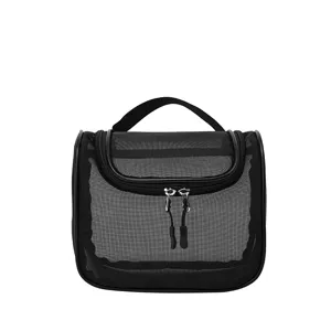 Schwarze Kosmetiktasche aus Netzstoff, große Reise-Kulturtasche mit Griff und Reißverschluss.