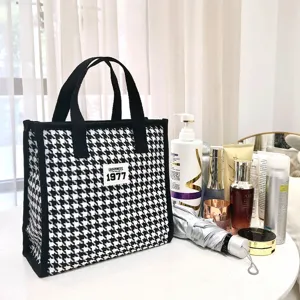 Vintage Houndstooth Makeup Bag Large Capacity Travel Toiletry Organizer Handbag Casual Cotton And Linen Cosmetic Pouch