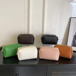 Woven leather cosmetic bag portable makeup pouch travel storage bag multi-color stylish organizer