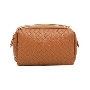 Brown woven leather cosmetic bag portable chic zipper makeup pouch daily storage organizer