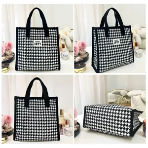 Classic black and white houndstooth tote bag, large capacity cosmetic storage handbag for daily use.
