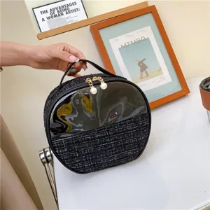 Women Round Cosmetic Bag Portable Travel Toiletry Organizer Clear Window Tweed Makeup Pouch With Pearl Zipper