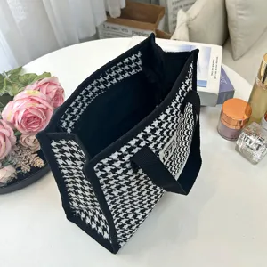 Classic black and white houndstooth tote cosmetic bag, large capacity storage handbag.