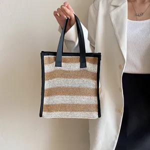 Elegante borsa a mano a righe intrecciata per donne, pratica borsa casual con manici robusti.
