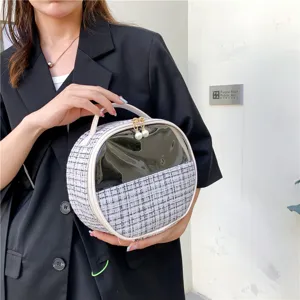 Round Tweed Cosmetic Bag Portable Clear Window Handbag Vanity Case for Women Daily Use