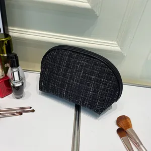 Minimalist Tweed Cosmetic Bag Portable Semi-Circular Makeup Pouch Travel Toiletry Storage Bag For Women