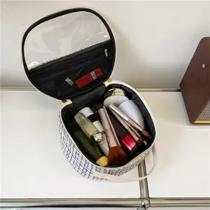 Round tweed cosmetic bag with clear top, large capacity portable makeup organizer for travel.