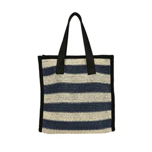 Borsa shopper in paglia a righe blu e beige borsa a mano intrecciata grande trousse trucco