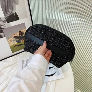 Black tweed cosmetic bag portable semi-circular makeup pouch travel toiletry organizer for women