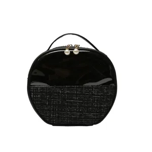Black round cosmetic bag, patent leather and tweed splicing, portable toiletry organizer handbag.