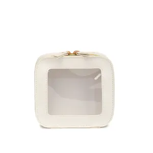 White minimalist transparent cosmetic bag, portable waterproof zipper makeup pouch for women.