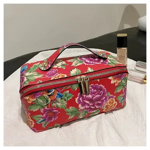 Chinese style floral PU leather cosmetic bag, large capacity makeup storage vanity case.